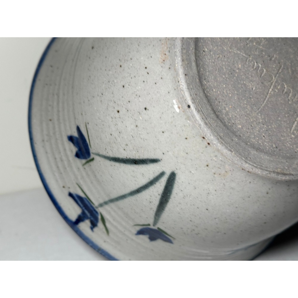 Speckled Stoneware Pottery Bowl‎ Blue Floral Hand Painted Signed Rustic 10" - Picture 4 of 8